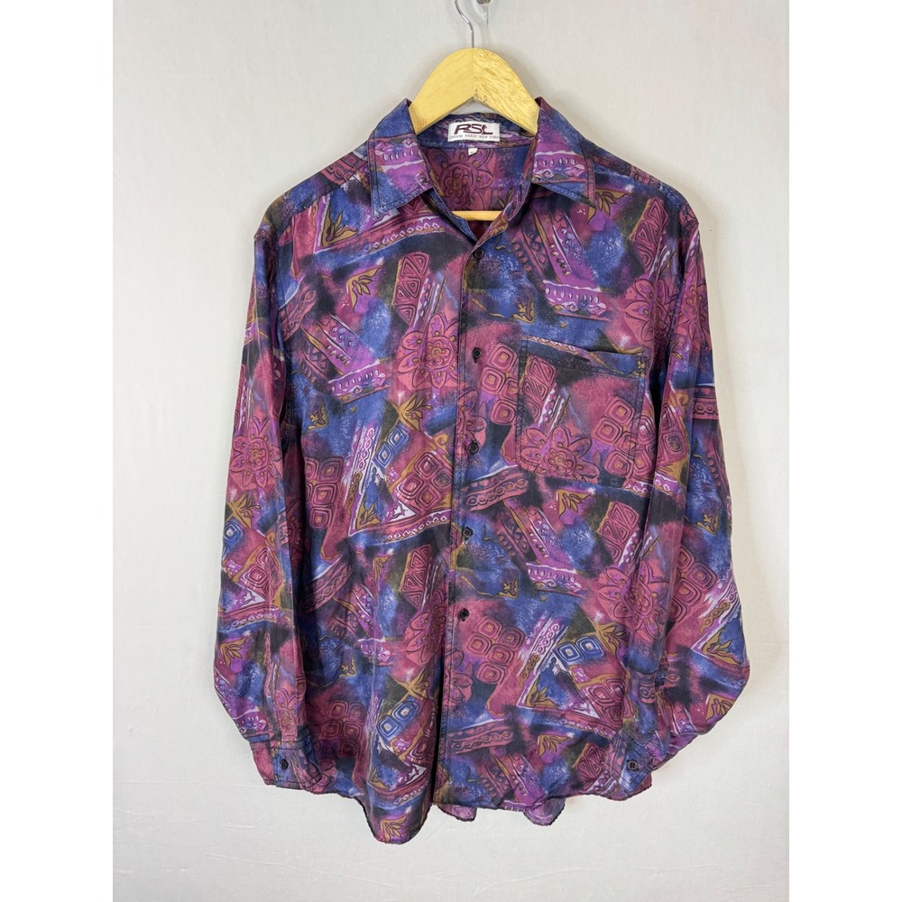 Vintage 90s RSL London Paris New York Men 100% Silk Abstract Button Down Shirt L
